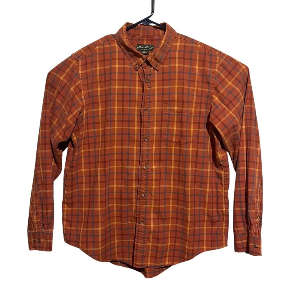 Eddie Bauer Shirt Mens XL Fall Orange Check Plaid Long Sleeve Button Up